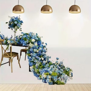 Luxury Blue Series Greenery Table Flower Runner,Wedding Centerpieces Flower Runner,Flower Garland Wedding Reception,Flower Row Party decor