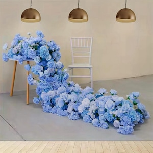 Blue Rose Hydrange Table Flower Runner,Blue Spring Wedding Centerpiece Flower Runner,Flower Garland Wedding Reception,Flower Row Party decor