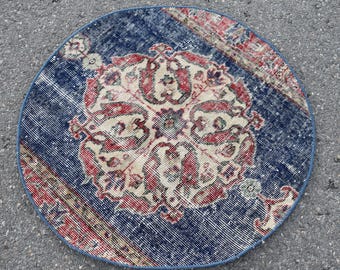 Circle area rug, Turkish rug, Handmade rug, Vintage rug, Small rug, Blue rug, Rustic decor, Doormat rug, Rug, 2.7 x 2.7 ft RL6826