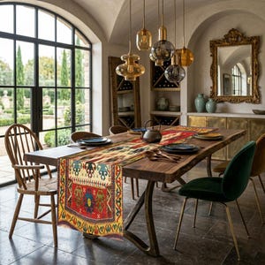 May include: A dining room table with a colorful patterned runner. The table is made of dark wood and has metal legs. The room has large windows, pendant lights, and a decorative mirror. The runner features red, yellow, and blue geometric designs.