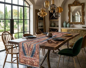 May include: A dining room with a large wooden table set with plates, utensils, and a patterned runner. The room features a large window, pendant lights, and a decorative mirror. Chairs with wooden and velvet seats surround the table.