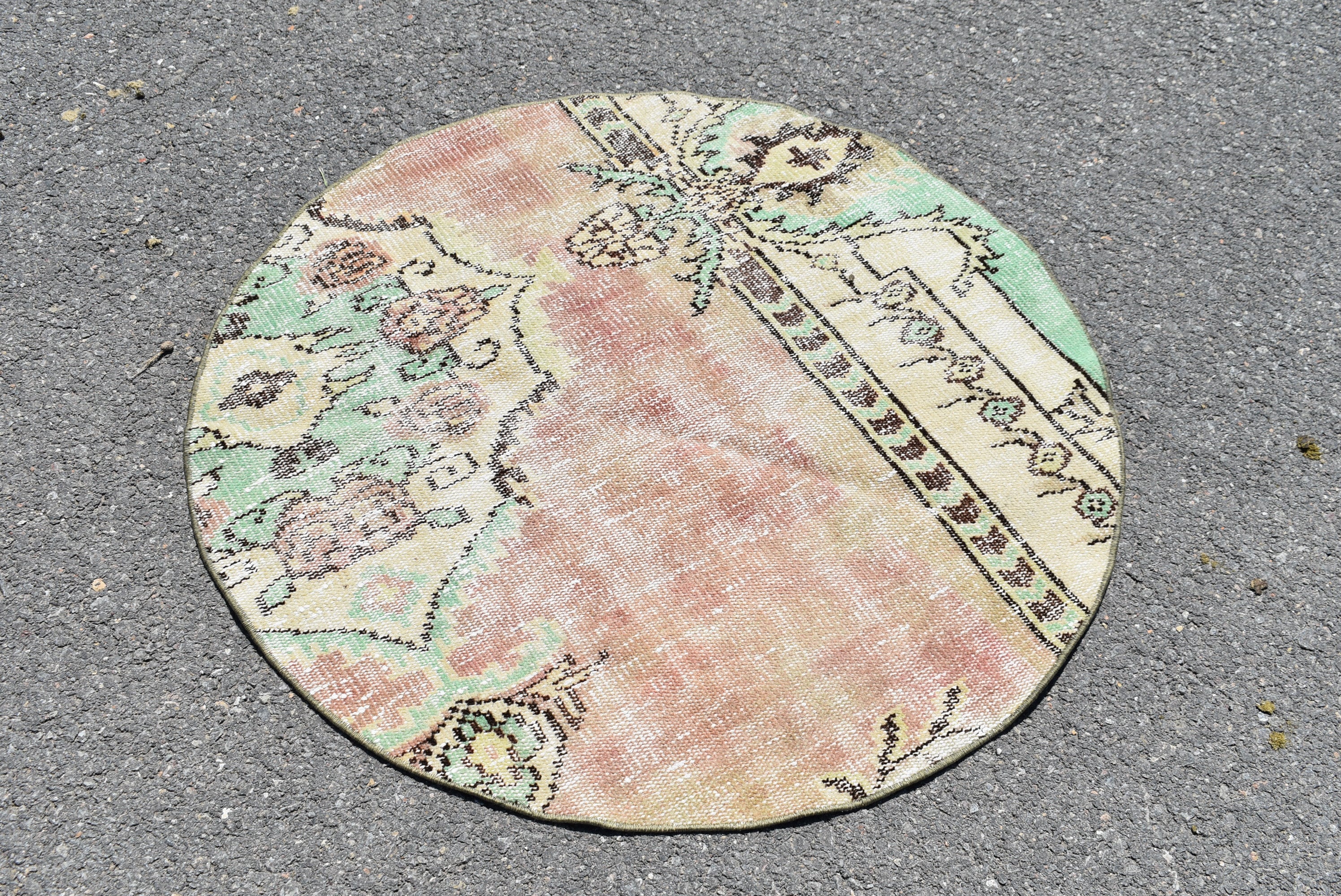 Boho home decor, Round rug, Vintage circle rug, Turkish rug, Handmade small rug, 3.2 x 3.2 Ft Doormat rug, Wool rug, Oushak rug, RL5453