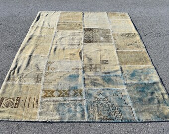 Dywan patchworkowy, dywan turecki, dywan vintage boho, dywan ręcznie robiony, wystrój domu boho, dywan orientalny, dywan w jasnym kolorze, 5,5 x 7,9 stopy RL6623