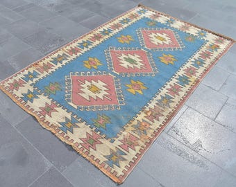 Vintage Turkish Wool Rug, Aztec Design, Handmade Carpet (3.9 x 6.4 ft)