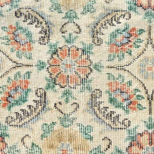 May include: Close-up of a beige rug with a floral pattern. The design features orange, green, and blue flowers, with black decorative elements. The rug has a vintage, distressed look.