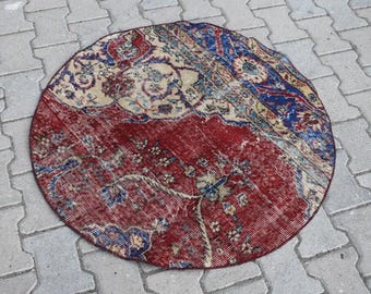 Boho home decor, Round rug, Vintage semi-circle rug, Turkish rug, Handmade small rug, 3.1 x 3.1 Ft Doormat rug, Wool rug, Oushak rug, RL6489