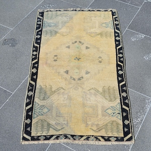 Alfombra naranja y azul, Alfombra pequeña vintage, Alfombra turca, Alfombra hecha a mano, Alfombra Oushak de 0,5 x 0,9 m, Alfombra bohemia, Alfombra oriental de lana, Felpudo RL7197