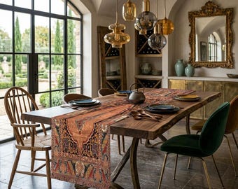 May include: A dining room with a large wooden table set with plates, silverware, and a patterned runner. The room features a large window, pendant lights, and a decorative mirror. Chairs with wooden and velvet seats surround the table.