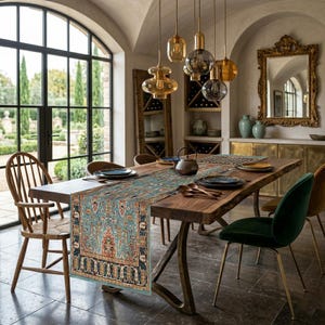 Pode incluir: Uma sala de jantar com uma mesa de madeira adornada com um corredor estampado. A mesa está posta com pratos, talheres e uma chaleira. Várias lâmpadas pendentes pendem do teto. Uma grande janela e um espelho decorativo também estão presentes.
