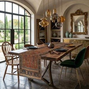 May include: A dining room with a large wooden table, adorned with a patterned runner and set with tableware. Hanging above are pendant lights. The room also features a large window, chairs, and a decorative mirror.