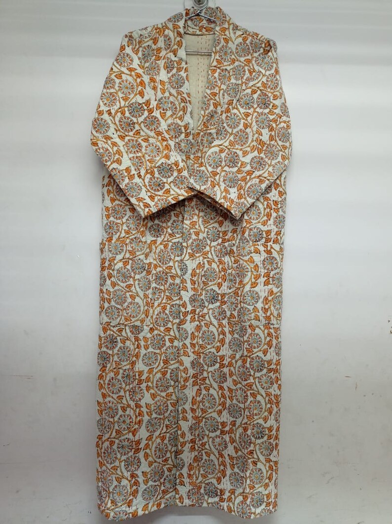 Indian Hand Block Kantha Quilted Kimono Robe Pure Cotton FLORAL Bath Robe Dressing Gown Beachwear Nightwear Swimwear Long