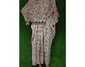 Kimono Robe Cotton Handprinted House Robe Tropical Kimono Beach Coverup Comfy Maternity Maxi Gown Nightware Floral Print Kaftan