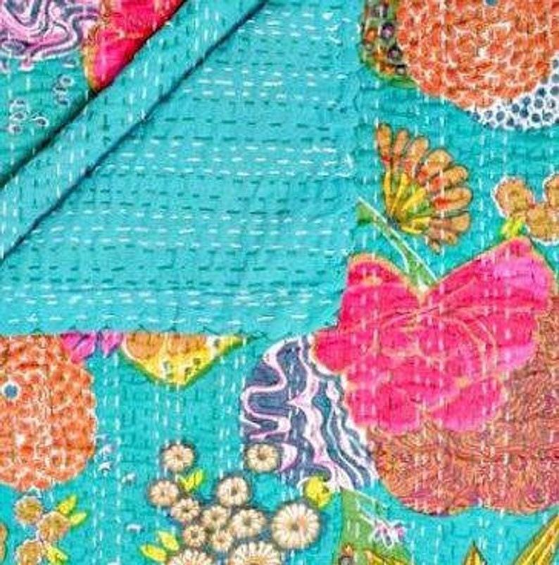 Floral Print Kantha Pure Cotton Quilt Hand Stitched Light Blue | Etsy