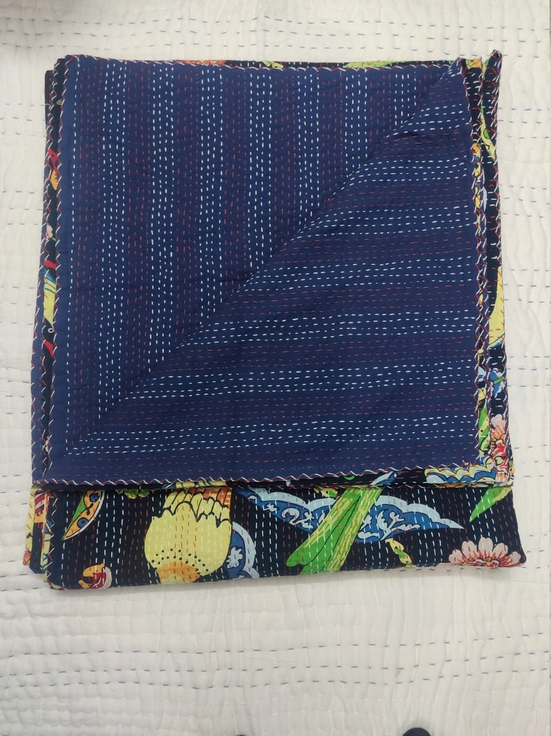 Black Bird Print King Size Kantha Quilt Kantha Blanket Bed Etsy