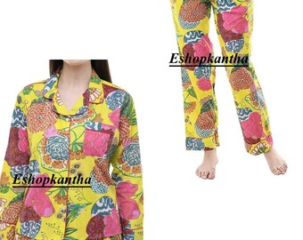 Tropical Printed Pj Set Suit, Bridesmaids PJ Set, Cotton Pajama Set, Summer Pajama Set, Woman's Sleepwear PJ Set, Cotton Clothing Set