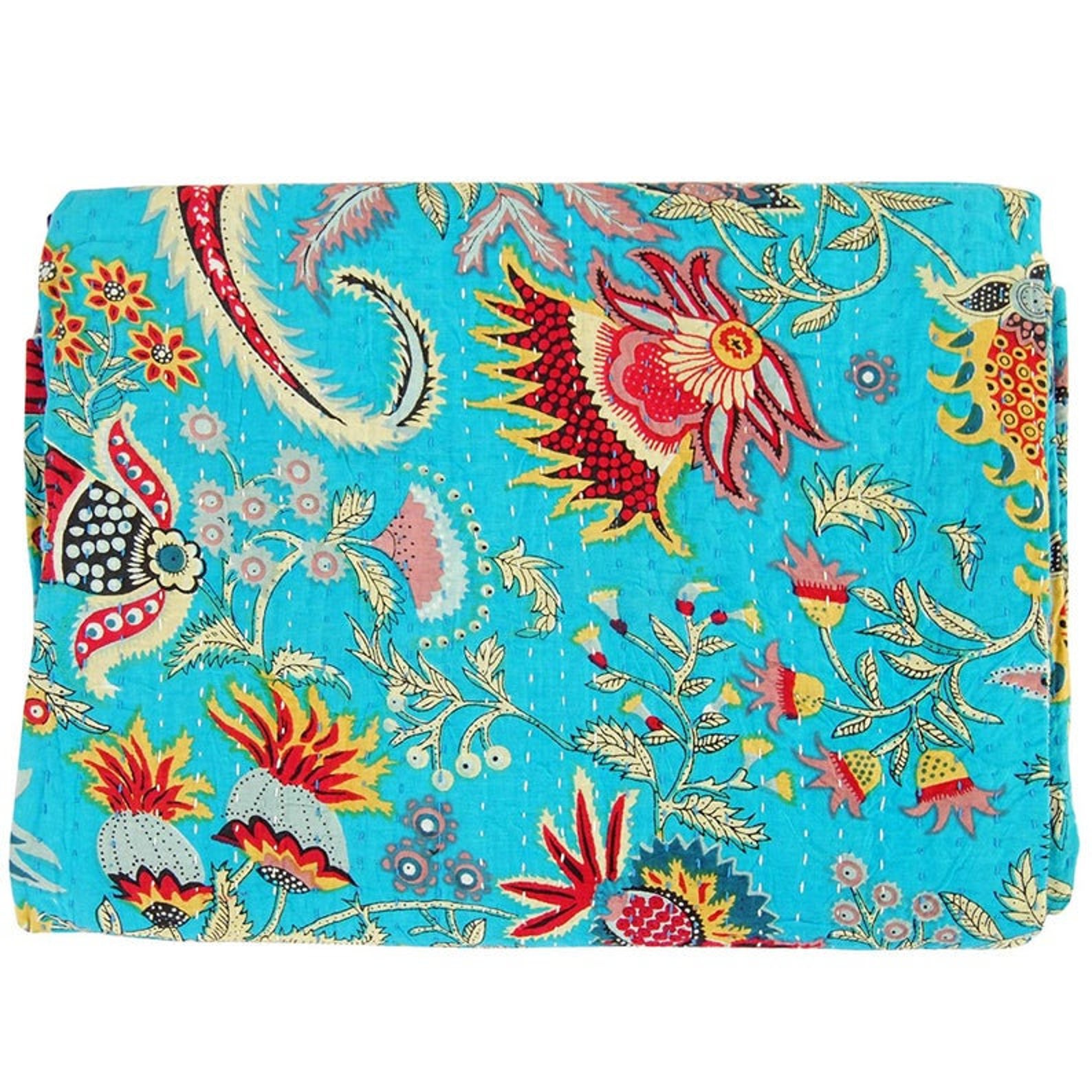 Turquoise Mukut Print Queen Size Kantha Quilt Kantha Blanket | Etsy