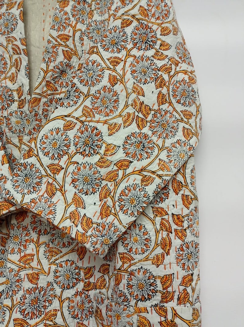 Indian Hand Block Kantha Quilted Kimono Robe Pure Cotton FLORAL Bath Robe Dressing Gown Beachwear Nightwear Swimwear Long