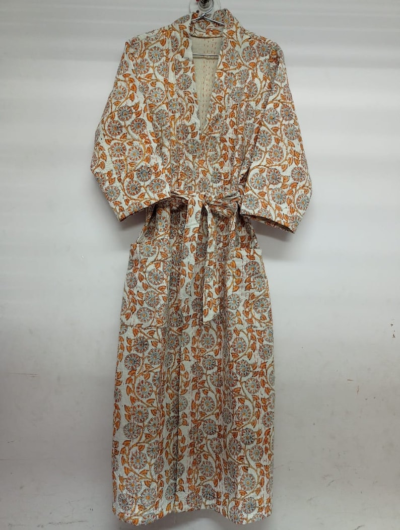 Indian Hand Block Kantha Quilted Kimono Robe Pure Cotton FLORAL Bath Robe Dressing Gown Beachwear Nightwear Swimwear Long