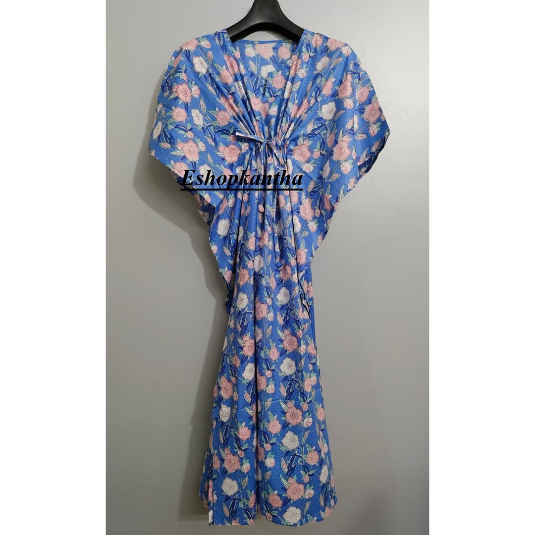 Blue Floral Printed Caftan Dress for Her Cotton Kaftan Ladies - Etsy