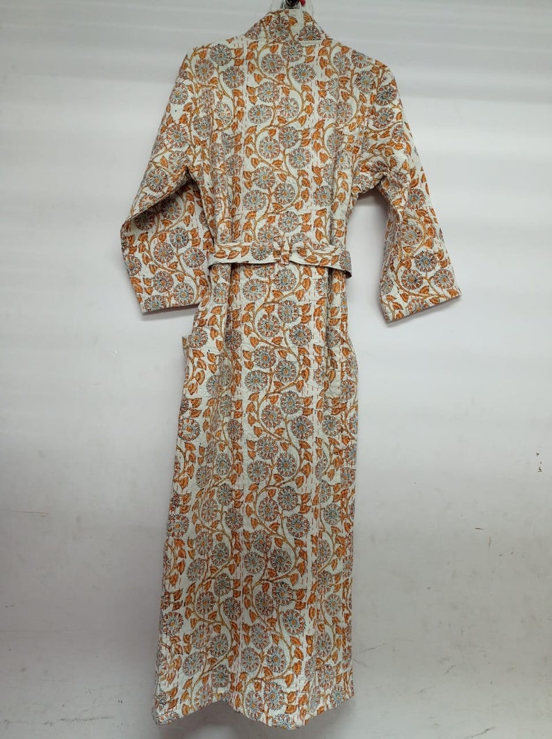 Indian Hand Block Kantha Quilted Kimono Robe Pure Cotton FLORAL Bath Robe Dressing Gown Beachwear Nightwear Swimwear Long