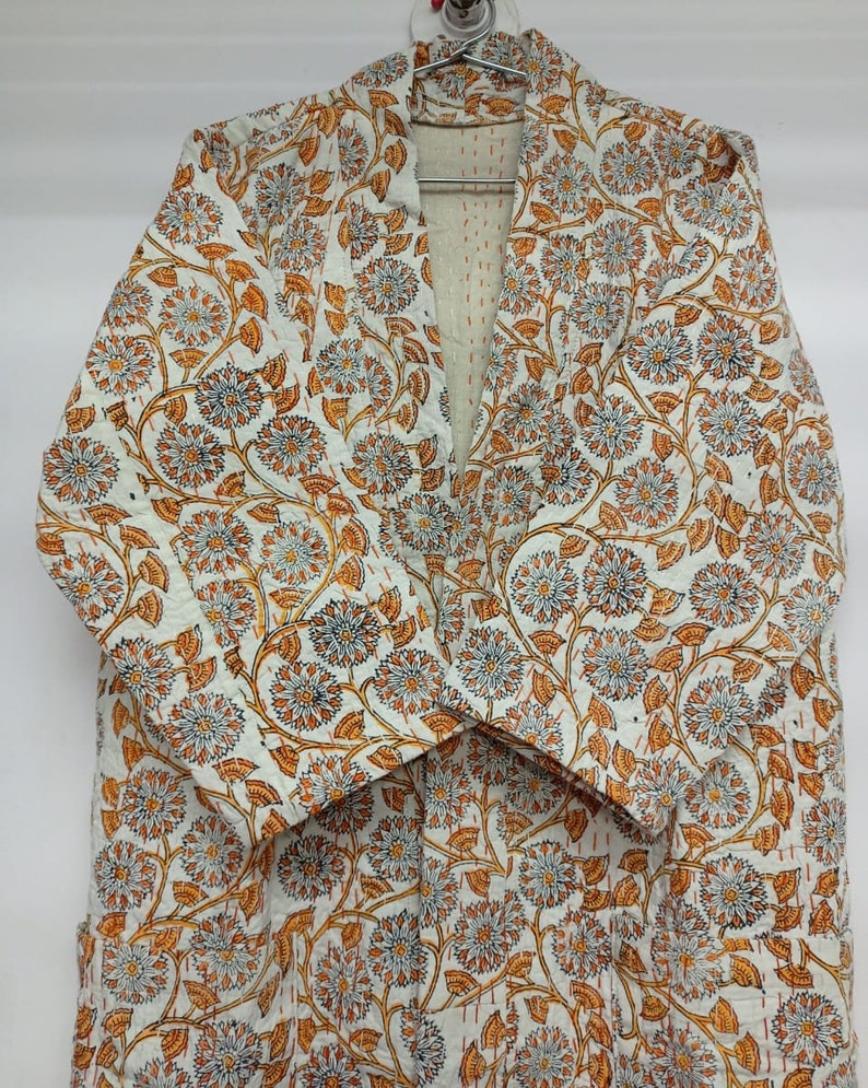 Indian Hand Block Kantha Quilted Kimono Robe Pure Cotton FLORAL Bath Robe Dressing Gown Beachwear Nightwear Swimwear Long