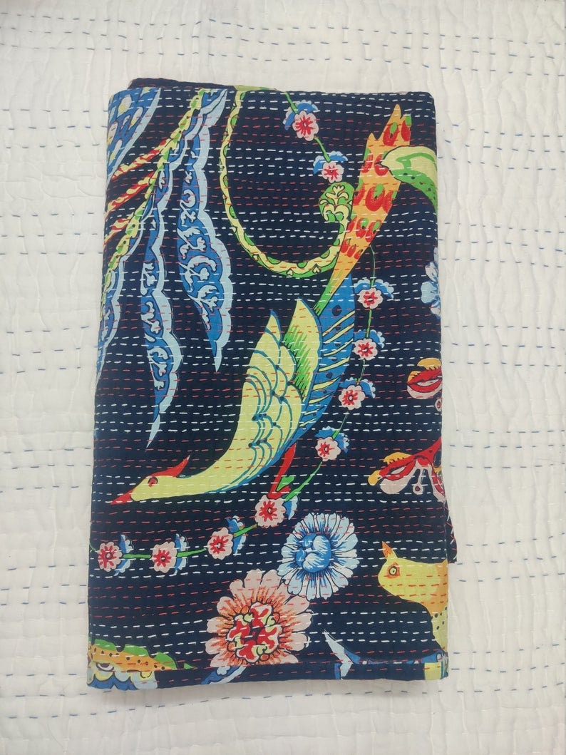 Black Bird Print King Size Kantha Quilt Kantha Blanket Bed Etsy
