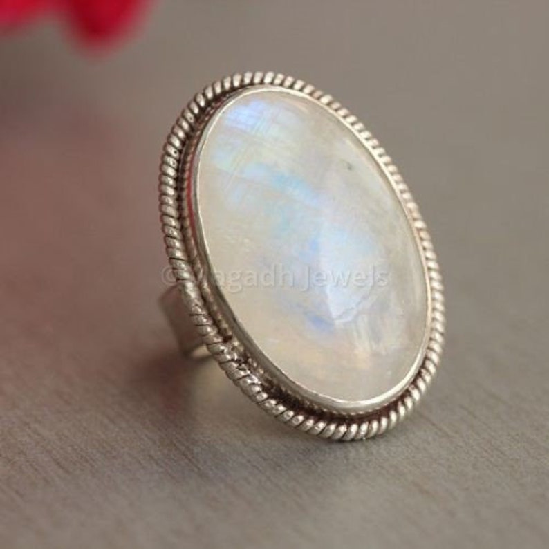 Blue Fire Ring Gemstone Ring Women Ring Rainbow Moonstone Ring 925 Silver Ring Statement Ring Big Stone Ring Oval Stone Ring Gift