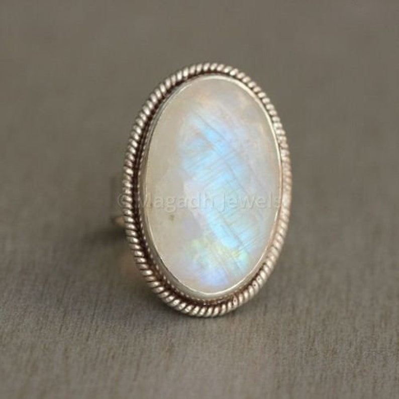 Blue Fire Ring Gemstone Ring Women Ring Rainbow Moonstone Ring 925 Silver Ring Statement Ring Big Stone Ring Oval Stone Ring Gift