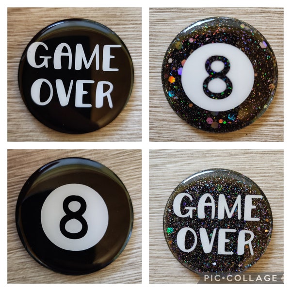 8 Ball Pool / Billiards Pocket Marker, 2 inch, Game Over, Solid Black, Glitter, Eight Ball See other listings for additional sayings