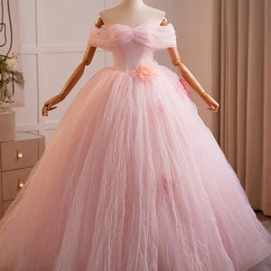 Pink Off-The-Shoulder Tulle Prom Dress With Flower, Pink Puffy Prom Dress, Pink Tulle Dress, Cocktail Dress, Evening Gown, Party Gown