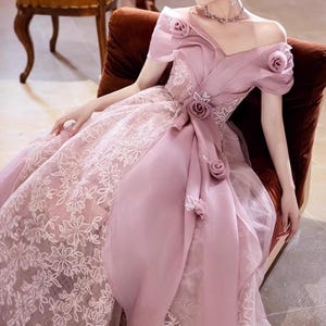 Dreamy Pink Rose Off Shoulder Prom Dress, Pink Floral Prom Dress, Flower Prom Dress, Cocktail Dress, Evening Gown, Party Gown, Ball Gown