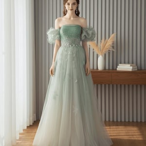 Sparkly Green Off-The-Shoulder Tulle Prom Dress, Fairy Green Prom Dress, Green Ball Gown, Cocktail Dress, Evening Gown, Party Dress