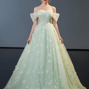 Fairy Green Butterfly Off-The-Shoulder Tulle Prom Dress, Green Prom Dress, Green Tulle Dress, Cocktail Dress,  Long Prom Dress, Evening Gown