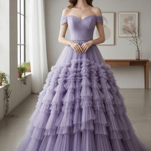Dreamy Purple Off Shoulder Tiered Puffy Prom Dress, Puffy Dress, Ball Gown, Cocktail Dress, Evening Party Dress, Formal Dress, Evening Dress
