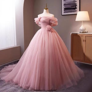 Dreamy Pink Off-The-Shoulder Tulle Prom Dress With Flower, Pink Puffy Prom Dress, Pink Tulle Dress, Cocktail Dress, Evening Gown, Party Gown
