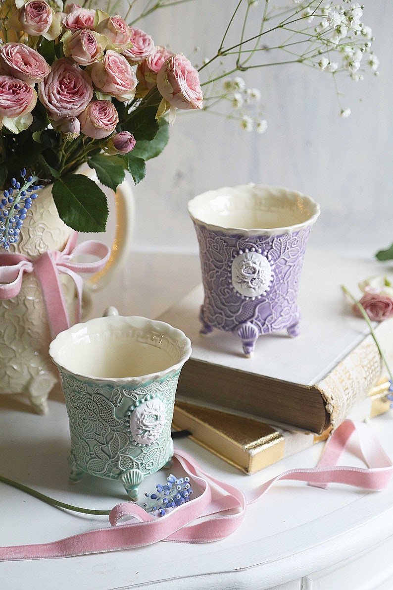 Handmade ceramic pottery cup, Pastel rose white clay mug, Glazed french country cottage style tea coffee cup,Gift for teacher, Ellegant cup image 2