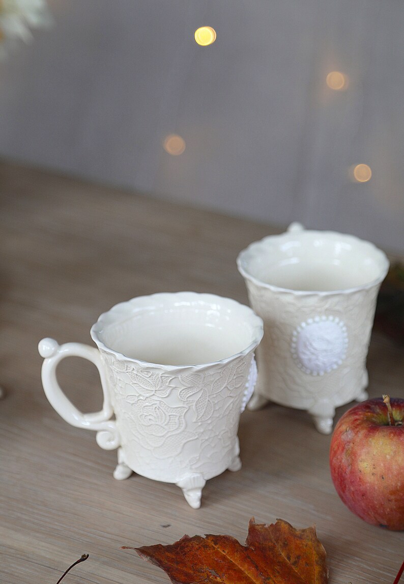 Handmade ceramic pottery cup, Pastel rose white clay mug, Glazed french country cottage style tea coffee cup,Gift for teacher, Ellegant cup image 4