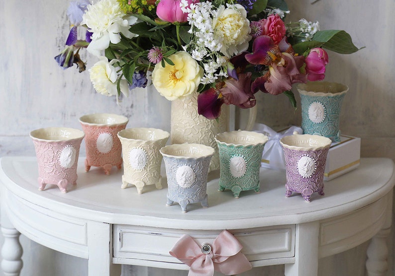 Handmade ceramic pottery cup, Pastel rose white clay mug, Glazed french country cottage style tea coffee cup,Gift for teacher, Ellegant cup image 7