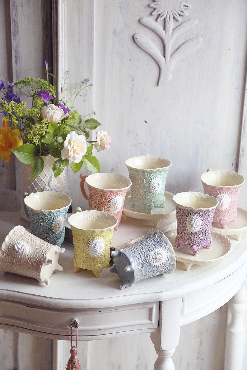 Handmade ceramic pottery cup, Pastel rose white clay mug, Glazed french country cottage style tea coffee cup,Gift for teacher, Ellegant cup image 1