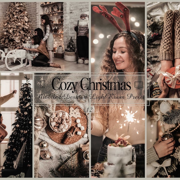 12 Cozy Christmas Mobile & Desktop Lightroom Presets, Xmas LR Preset, Top Filter, DNG Winter Blogger, Fade For Brown And Gray Hue