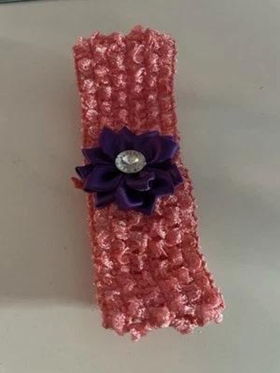 Baby Headband: Pink Textured Band with Purple Flower (0-6 Months)
