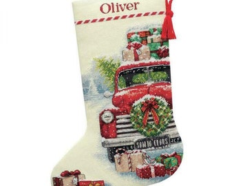 2025 Delivery, Custom Order "Santa's Truck" Christmas Stocking, Personalized, cross stitched