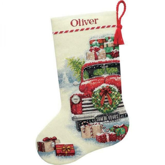2023 Delivery, Custom Order "Santa's Truck" Christmas Stocking, Personalized, Cross Stitched