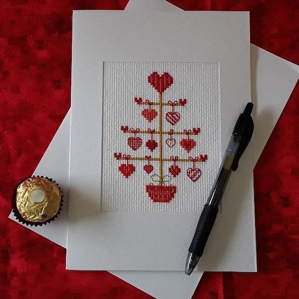 HeartTree, finished, cross stitched, blank card