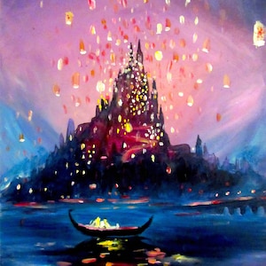Op de afbeelding: Een schilderij van een kasteel met een boot ervoor. Het kasteel is verlicht met lampjes en er zweven veel lampionnen in de lucht. De lucht is een levendige paars en roze.