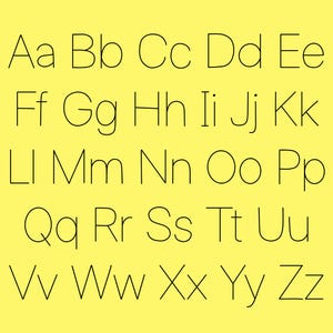 May include: A yellow background displays the alphabet in uppercase and lowercase, from Aa to Zz. The letters are in a simple, thin, black sans-serif font. The image is a clear and straightforward representation of the English alphabet.