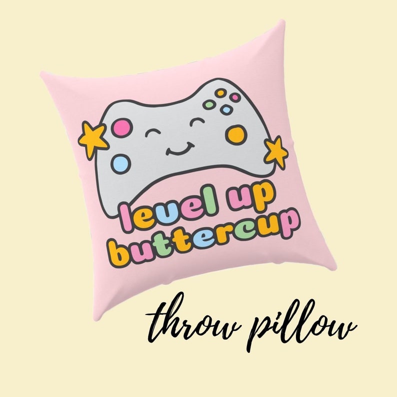 Girl Gamer Throw Pillow 14x14 16x16 18x18 In | Level Up Buttercup | Game Room Decor | Kawaii Gamer | Gift For Girl Gamer bild 2