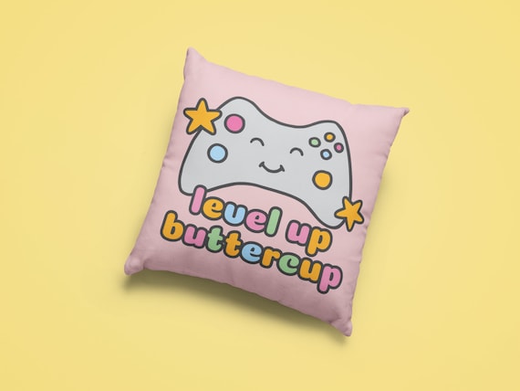 Girl Gamer Throw Pillow 14x14 16x16 18x18 In | Level Up Buttercup | Game Room Decor | Kawaii Gamer | Gift For Girl Gamer