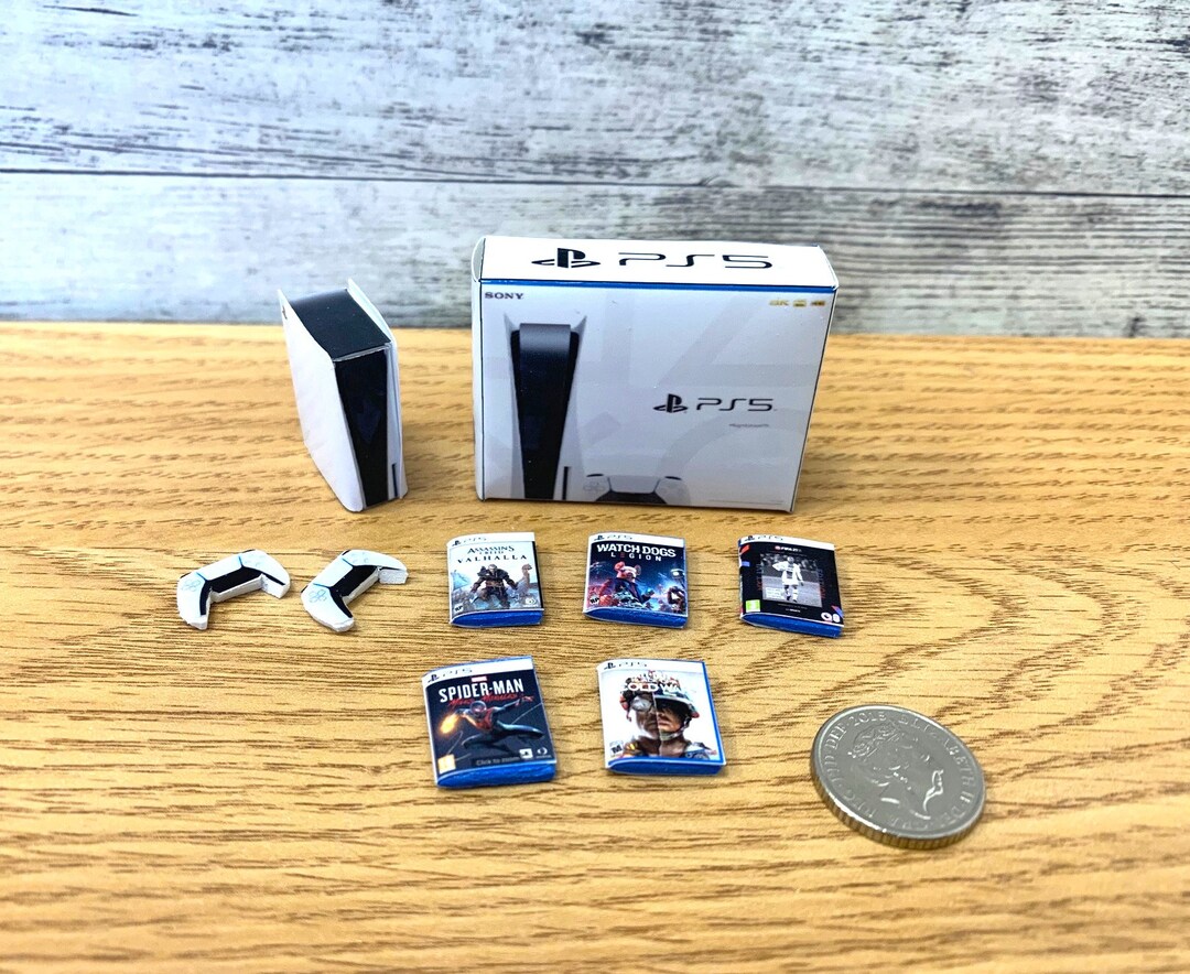 Dollshouse Miniature PS5 Bundle Console Box Controllers & 5 Games Fully