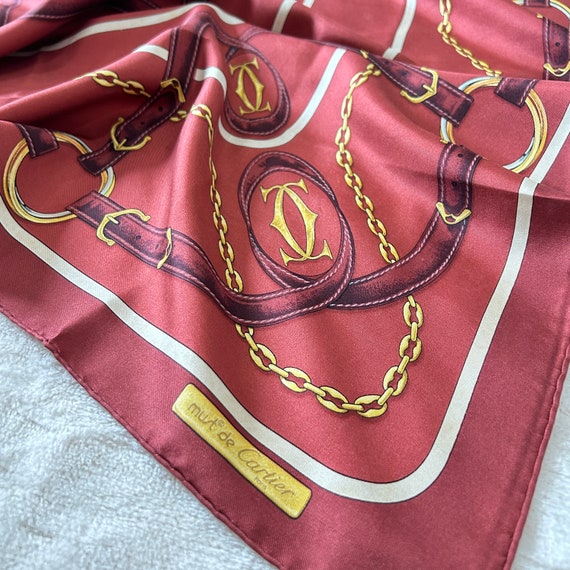 Vintage CARTIER Scarf, Rare Cartier Silk Scarf 80, Red Gem